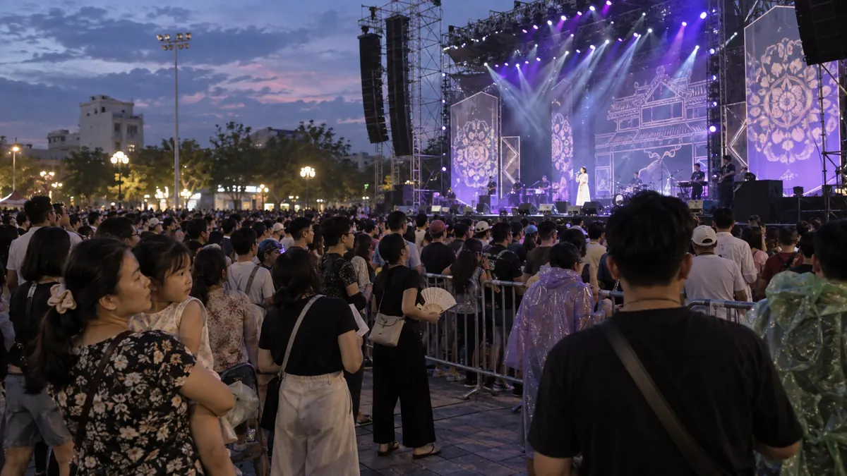 フエ中心部の広場で遺産意匠の映像演出と音楽を楽しむ家族連れや若者たち