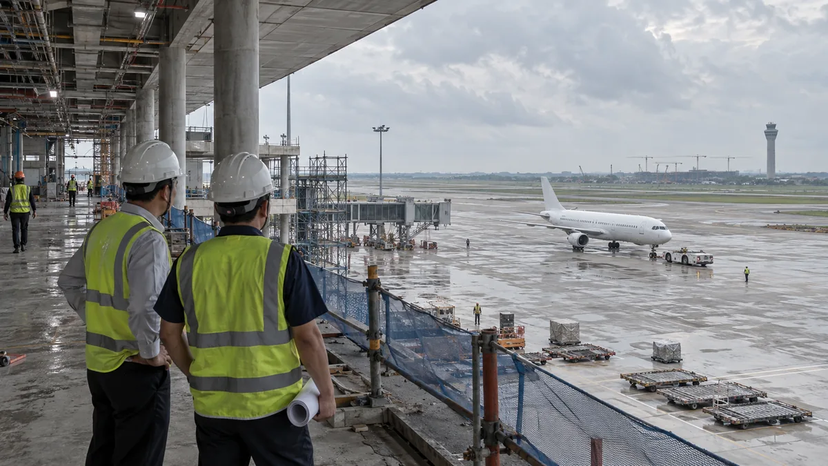 建設中のロンタイン空港で広大な駐機場を確認する作業員