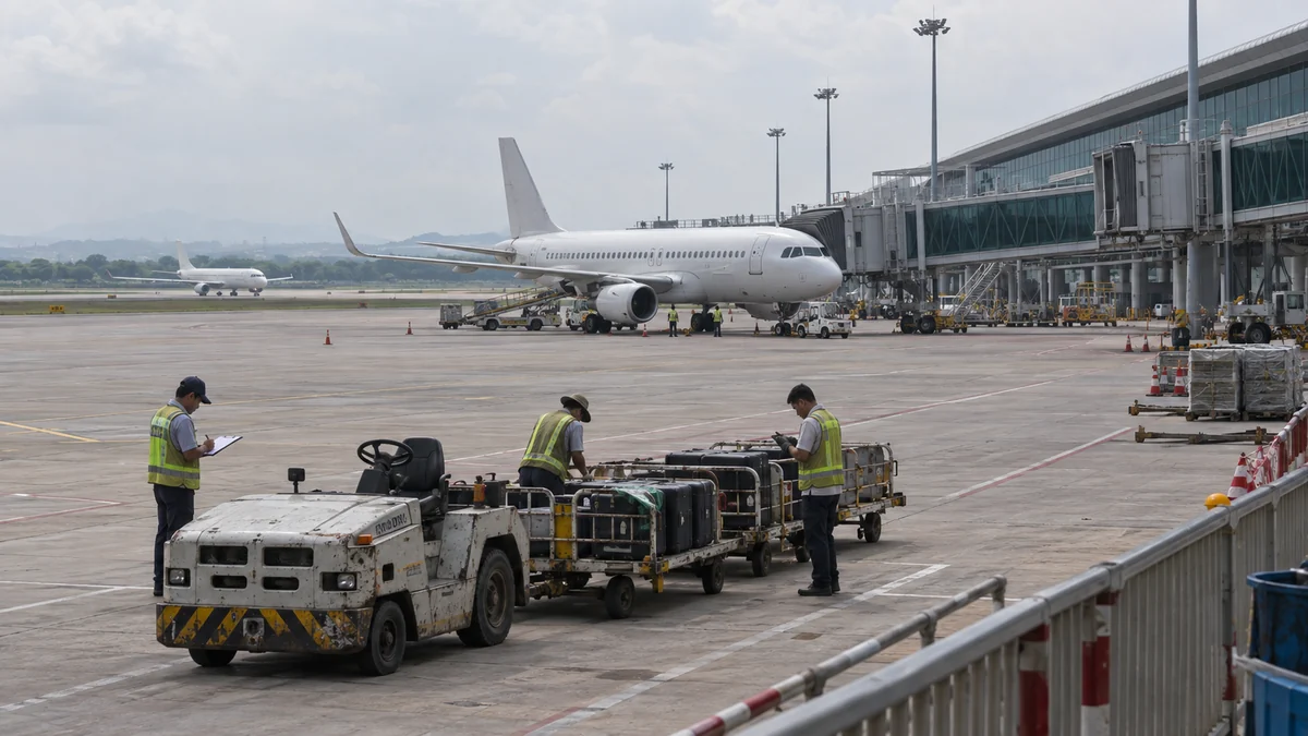 開業準備中のロンタイン国際空港で手荷物車両を点検する地上スタッフ