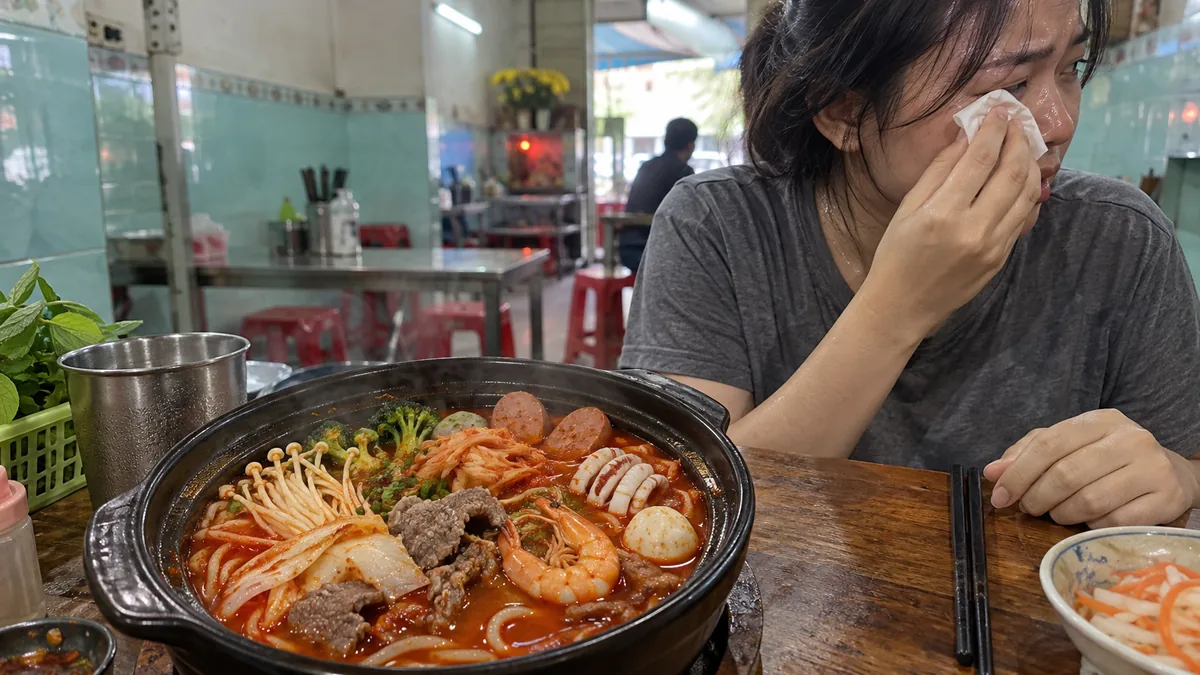 カントーの食堂で赤い激辛麺を前に汗と涙を拭う女性客