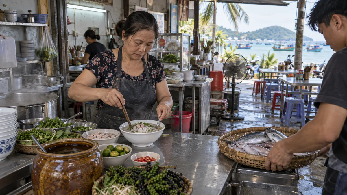 フーコックの海辺の食堂で魚介と胡椒を使い麺料理を仕上げる料理人