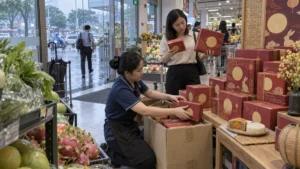 7月のスーパーで月餅の贈答箱を選ぶ買い物客
