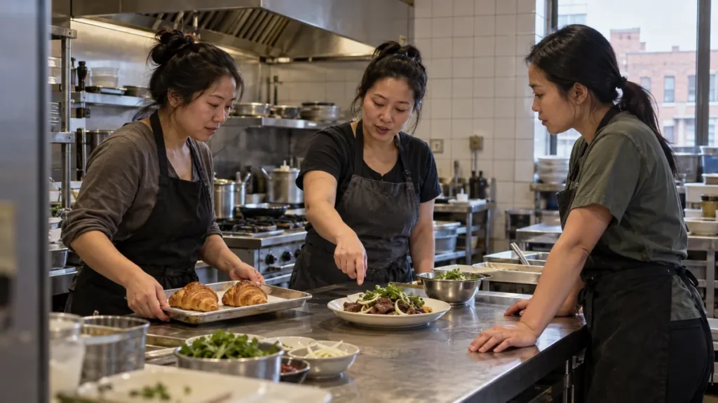 ベトナム系の家族が米国の厨房でペストリーとベトナム料理を組み合わせ、店の新しい方向を話し合うイメージ。実際のグエン姉妹、Re Treの厨房・料理を再現した写真ではありません。