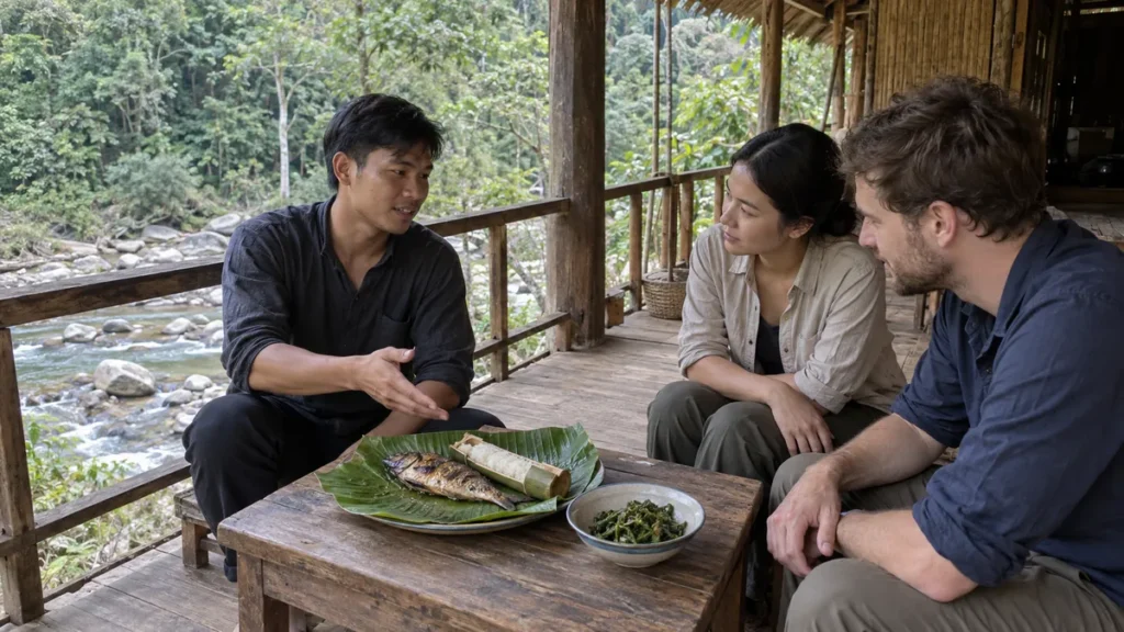 渓流沿いの高床式の食卓で、川魚や竹筒ご飯の物語を客に伝えるイメージ。実際のキエン氏、施設、料理やカドン族の儀礼を再現した写真ではありません。