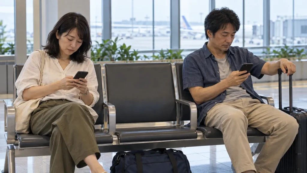 空港で家族がそれぞれのスマートフォンを使うイメージ。実際のeSIM設定画面や特定空港を再現したものではなく、回線接続・通信速度・料金を証明する写真ではありません。
