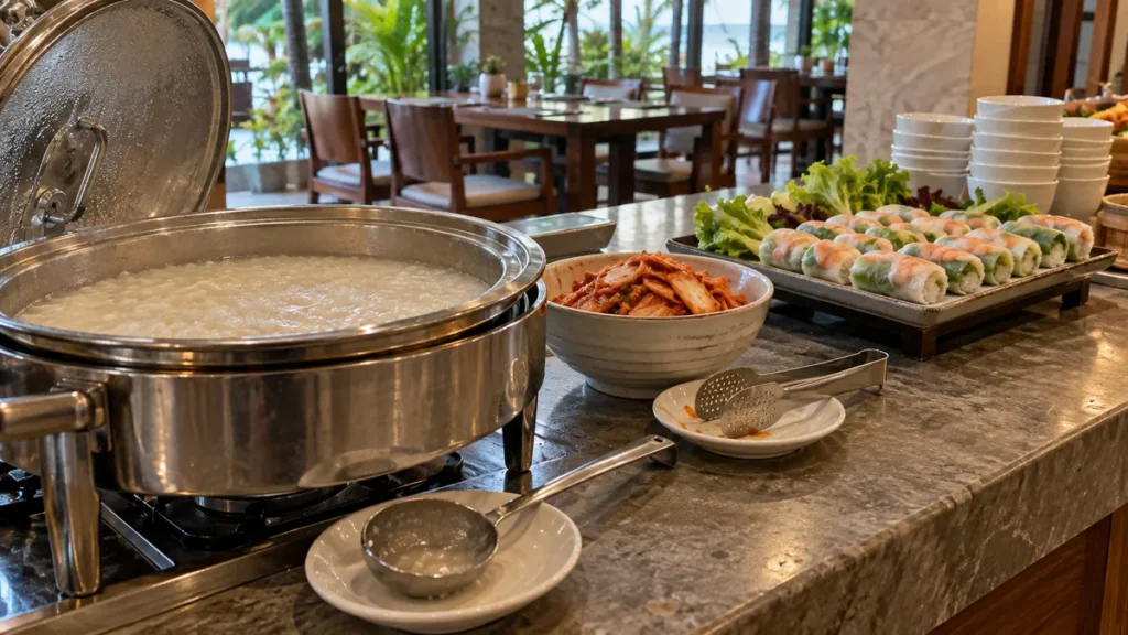 韓国客を含む多様な旅行者に合わせ、お粥・キムチ・生春巻きを並べたホテル朝食のイメージ。実在ホテルの献立や韓国人宿泊客の比率を再現・証明する写真ではありません。