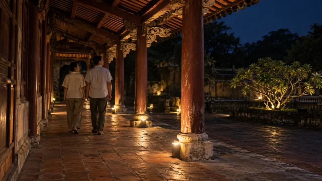 フエの夜間文化遺産観光を題材に、照明のある木造回廊を歩く旅行者を描いたイメージ。実際の王宮内の特定回廊や2026年の神秘の宮廷プログラムを再現した写真ではありません。