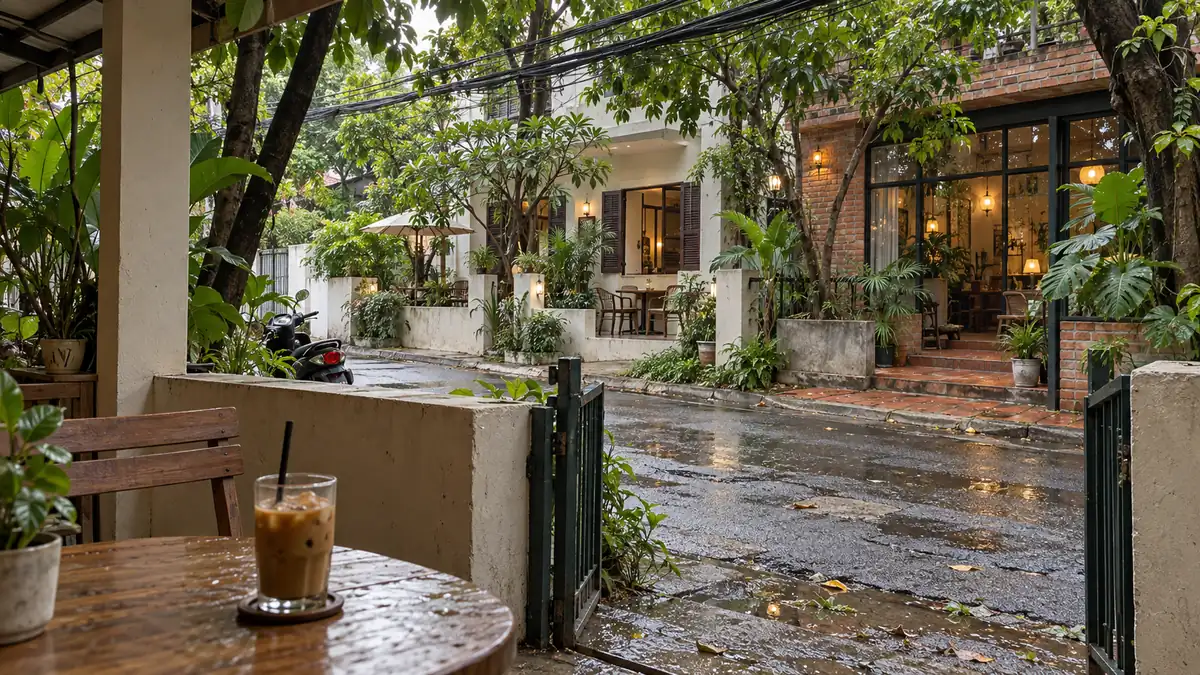 雨上がりの緑豊かな住宅街で、テラスから異なる内装のカフェを眺めるタオディエンのカフェ巡りのイメージ。掲載12店や実際の通りを再現した写真ではありません。