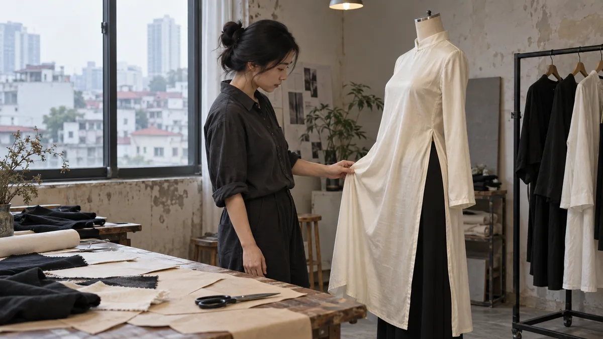 ベトナムの若いデザイナーがアオザイの要素を取り入れた服の生地とドレープを検討するイメージ。実際のIVY modaの人物・コレクション・NYFW会場を再現した写真ではありません。