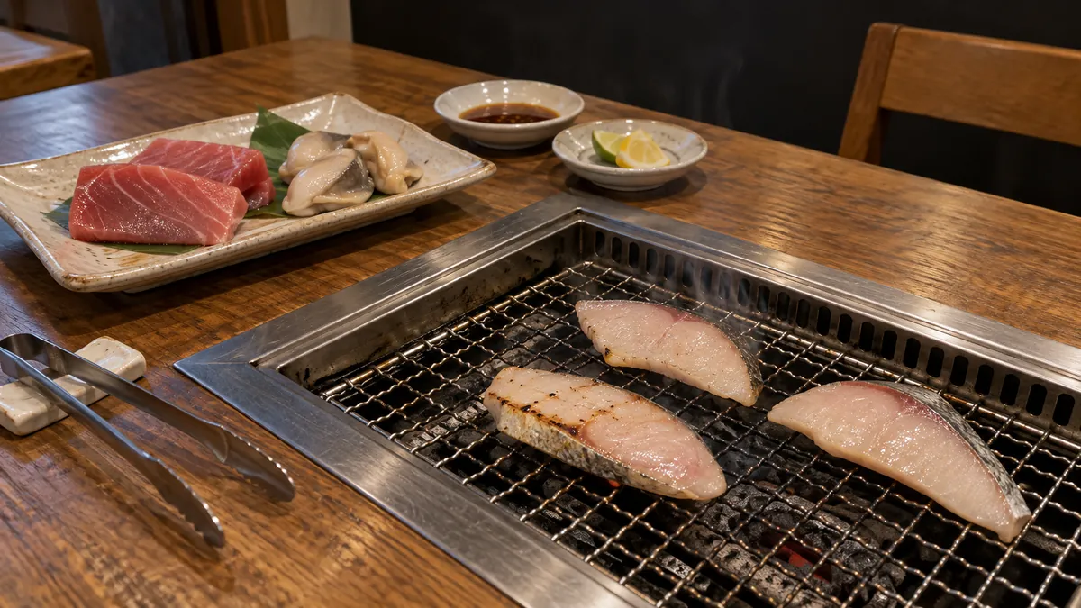 卓上グリルで魚の切り身を炙り、マグロや貝を少量ずつ楽しむ魚焼肉のイメージ。実際のYakiuo Ishikawaの料理・店舗を再現した写真ではありません。