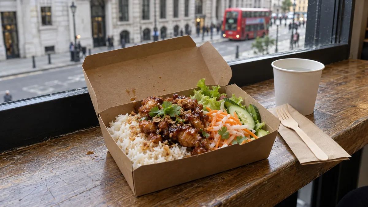 ロンドンの窓辺でライス・チキン・サラダ・ピクルス入りのベトナム風ランチボックスを食べるイメージ。実際のHOPの商品や新店舗を再現した写真ではありません。