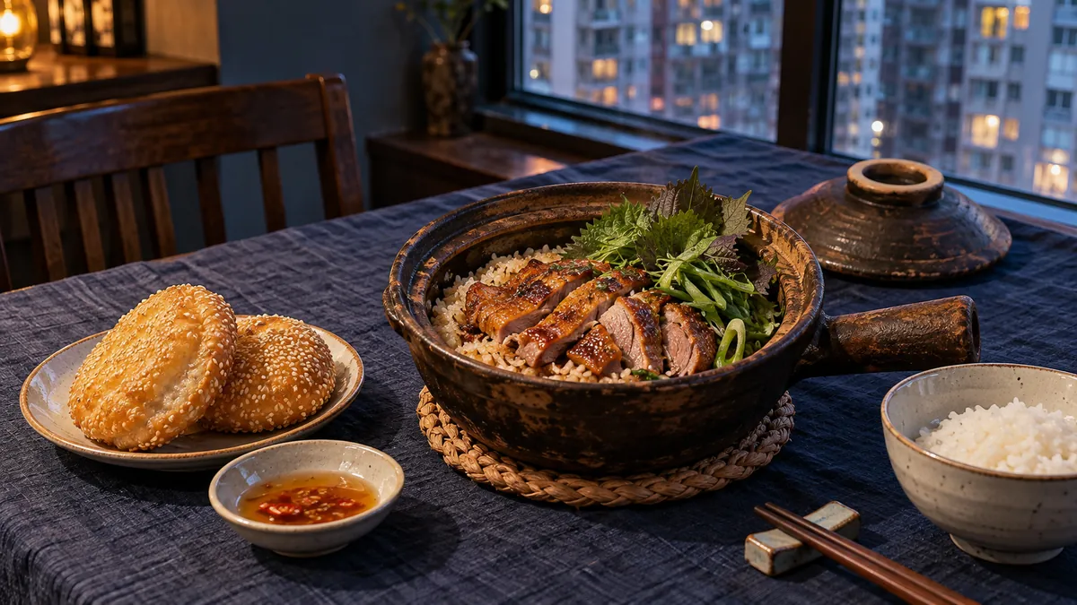 広東式の土鍋ご飯とロースト肉にベトナムの香草とバインティエウを合わせる食文化交流のイメージ。実際のLe Leの料理や店内を再現した写真ではありません。