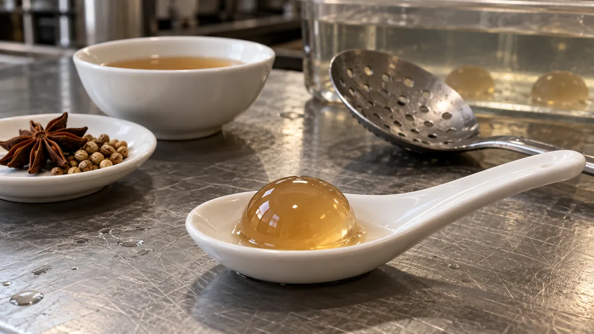 フォー風の出汁を柔らかな球体に仕立てる技法のイメージ(Pot Au Phoの実際の料理・レシピ・店内の写真ではありません)