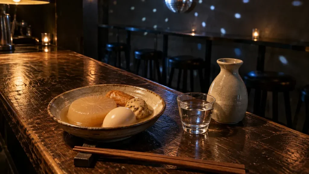 ミラーボールの光が差す酒場で日本酒とおでんを楽しむイメージ（Doobie Doo Barの実際の店内・料理・銘柄の写真ではありません）