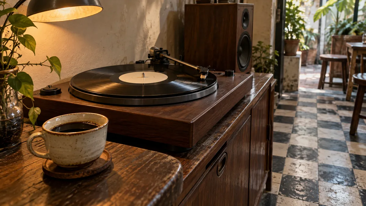 市松模様の空間でレコードとコーヒーを静かに楽しむイメージ(IM:MIの実際の店内・音響機器・商品の写真ではありません)