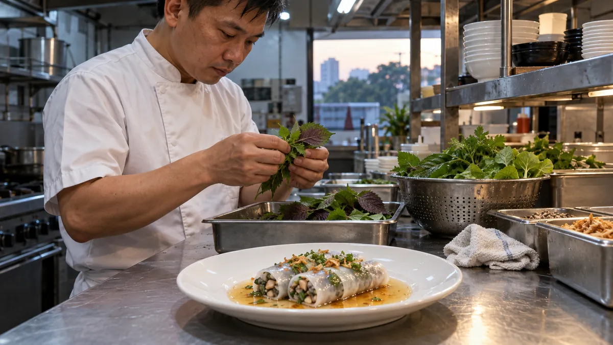 ベトナム料理の厨房で香草の品質を確かめる料理人と米粉の巻き料理のイメージ。実際のミシュラン選定店・シェフ・授賞式を写したものではありません。