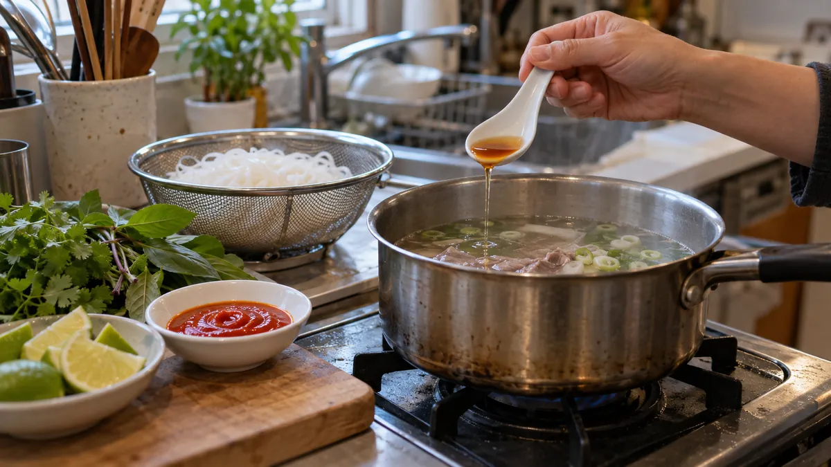 海外の家庭で魚醤やチリソースを使いベトナム風の麺料理を作るイメージ（CHIN-SUの実商品・公式レシピ・THAIFEX会場の写真ではありません）