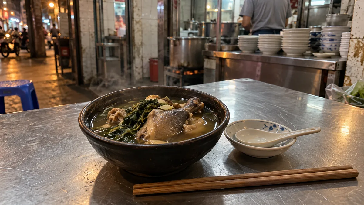 ハノイの夜食として鶏とハーブのスープを味わうイメージ(Tống Duy Tânの特定店舗・商品の実写ではありません)