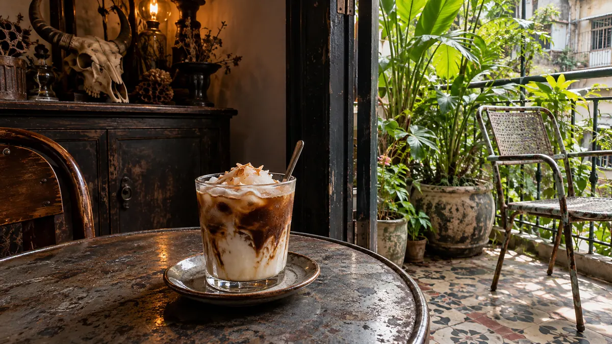ゴシックな装飾と緑のバルコニー、ココナッツコーヒーのイメージ(The Alchemist Cafeの実際の店内や商品の写真ではありません)