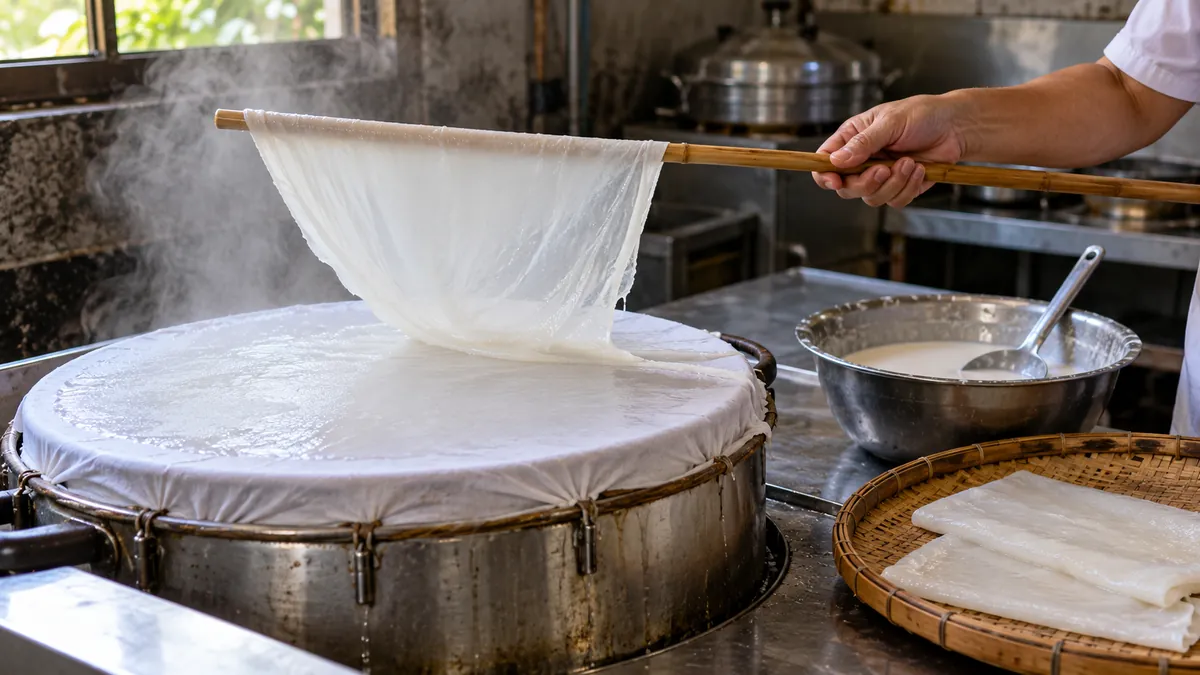 米の生地を蒸して薄いライスシートへ仕上げる技法のイメージ(Global Chefs Challengeの実際の選手・競技・受賞料理の写真ではありません)