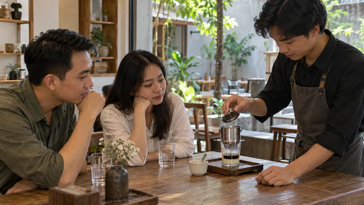 小さなカフェでフィン抽出を見ながらコーヒー文化を体験するイメージ（Trung Nguyenの閉店店舗・新店舗・実際のサービスの写真ではありません）