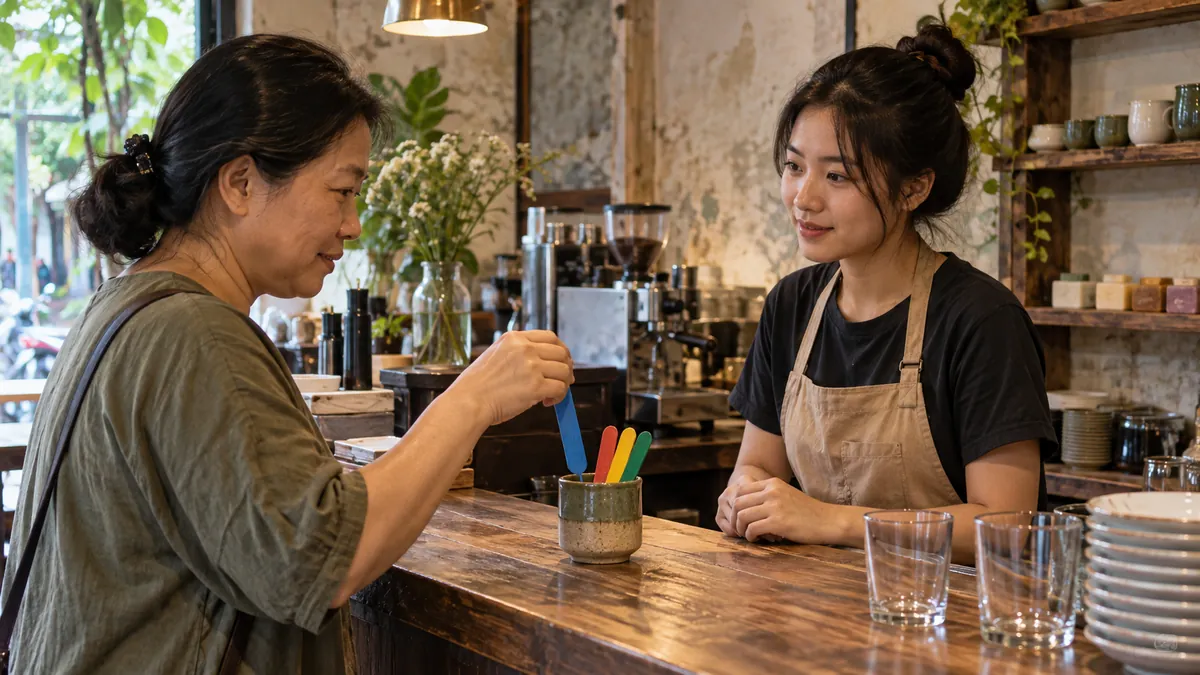 色付きスティックで注文を伝えるカフェのイメージ(Thời Thanh Xuânの実際の店内・スタッフ・来店客の写真ではありません)