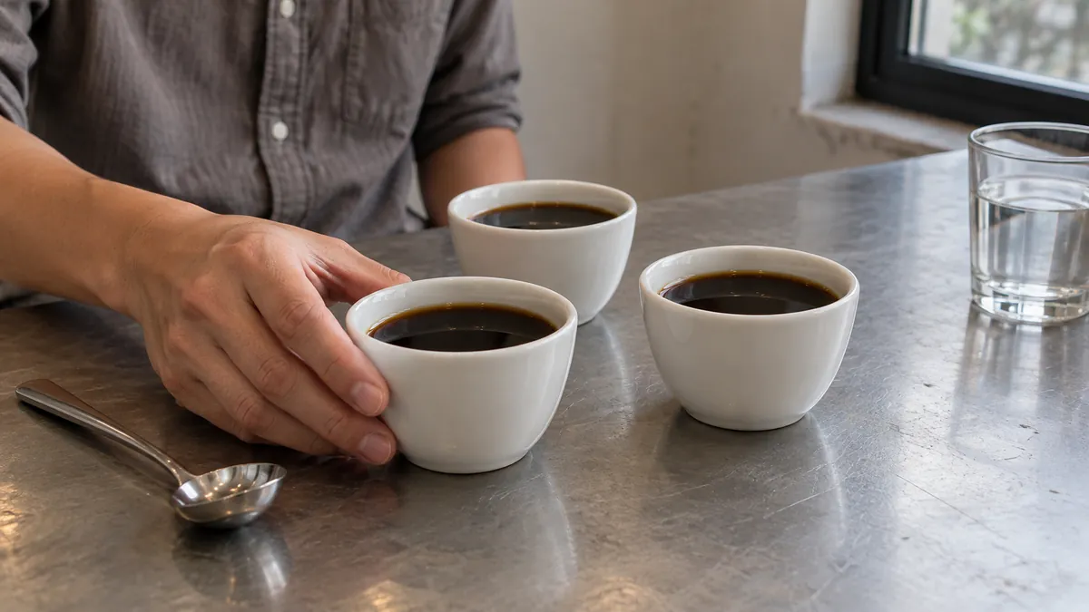 3杯のコーヒーから味の異なる一杯を選ぶ感覚評価の練習イメージ。Le Quang Cuong氏や世界大会の決勝を撮影した写真ではありません