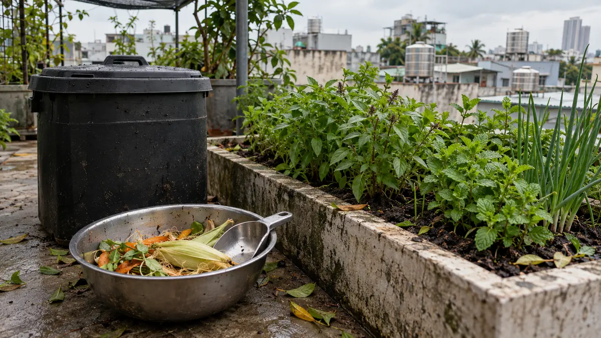 野菜の切れ端、ふた付き堆肥容器、屋上の香草菜園で食材循環を表すイメージ。Tales by Chapterの実際の菜園や処理方法を撮影した写真ではありません