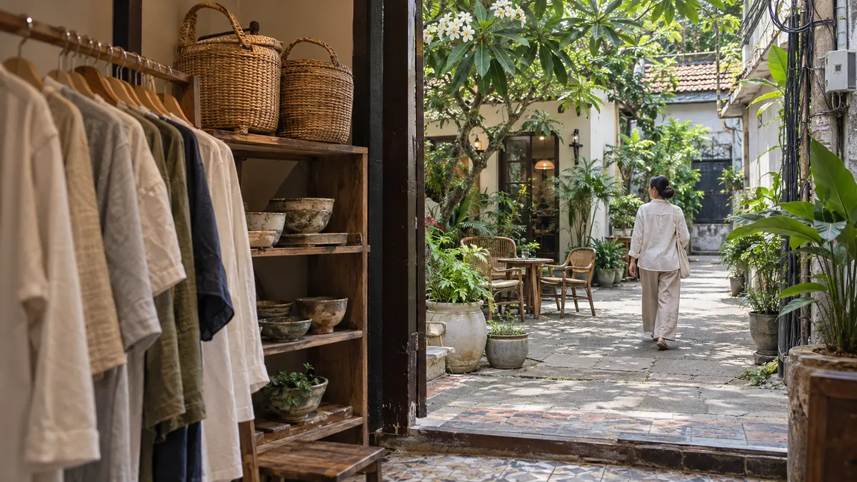 タオディエンの住宅街で衣服や手工芸品の店から木陰のカフェへ歩くイメージ。記事内の特定店舗や実在の人物を撮影した写真ではありません