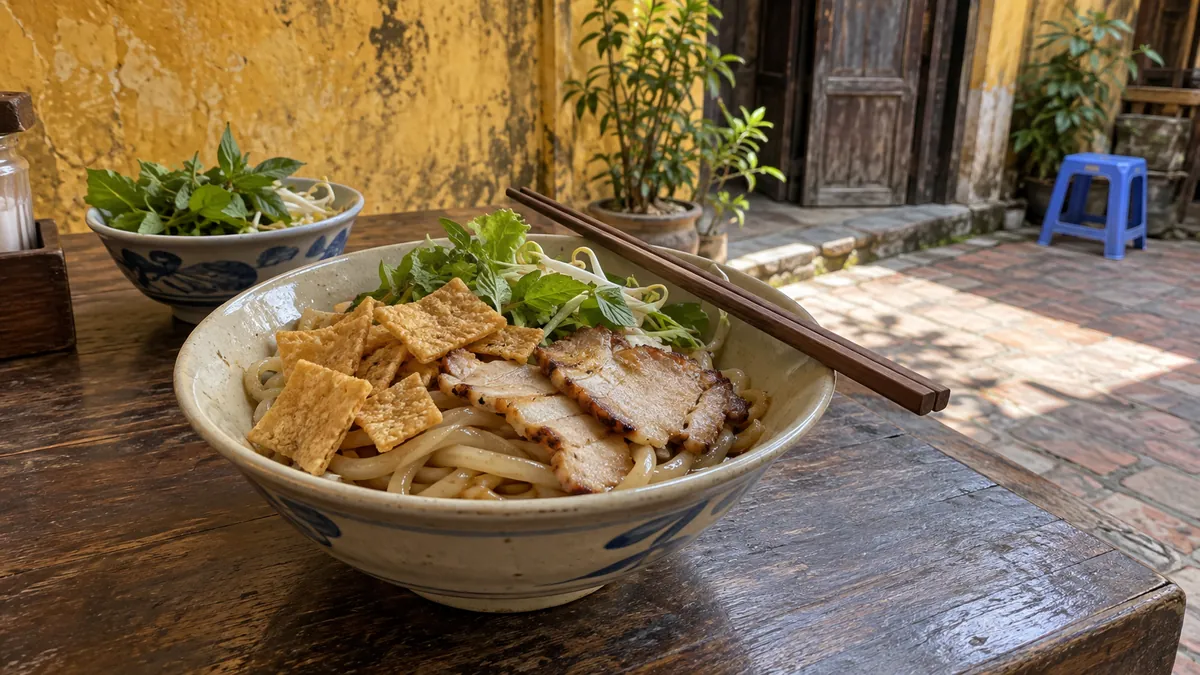 ホイアンの中庭で太い麺に豚肉や香草、揚げた生地を合わせたカオラウを味わうイメージ。特定店やランキング対象の商品を撮影した写真ではありません