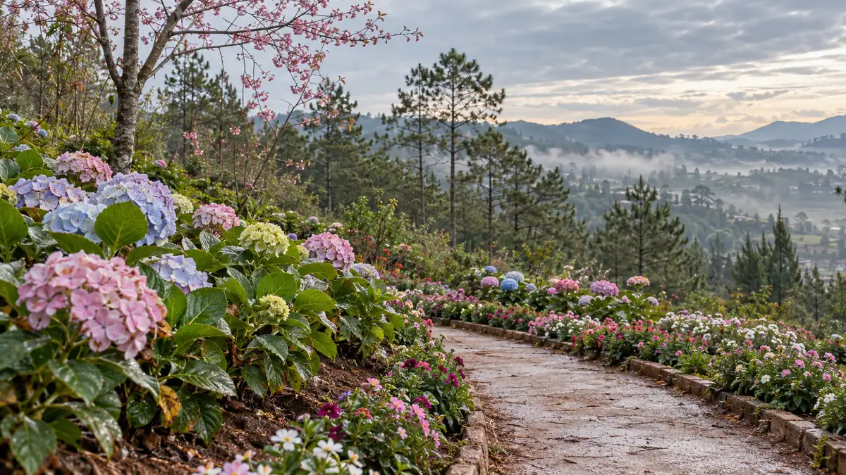 ダラット高原の松林と季節の花を小道から眺めるイメージ。Fresh Gardenの実際の園内配置や訪問日の開花状況を撮影した写真ではありません