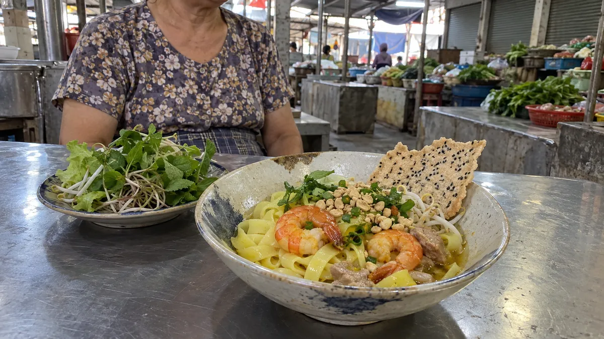 市場で少なめの汁に黄米麺、エビ、肉、香草とごま入りライスペーパーを合わせたミークアンを食べるイメージ。ダナンの特定店や実商品を撮影した写真ではありません