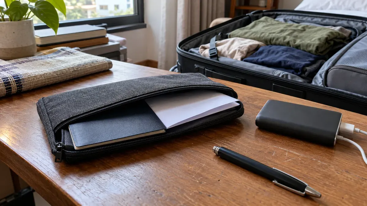 渡航前に書類の紙の控えと充電手段を用意するイメージ。PAIの実際の申告画面や公的書類、入国許可を示す写真ではありません