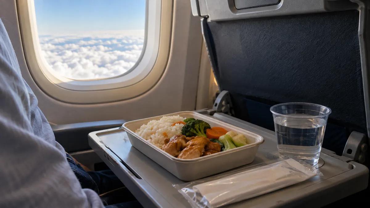 雲の上を巡航中の機内で食事を取るフルサービス便のイメージ。サン・プーコック航空の実際の機内、機内食、就航初便を撮影した写真ではありません