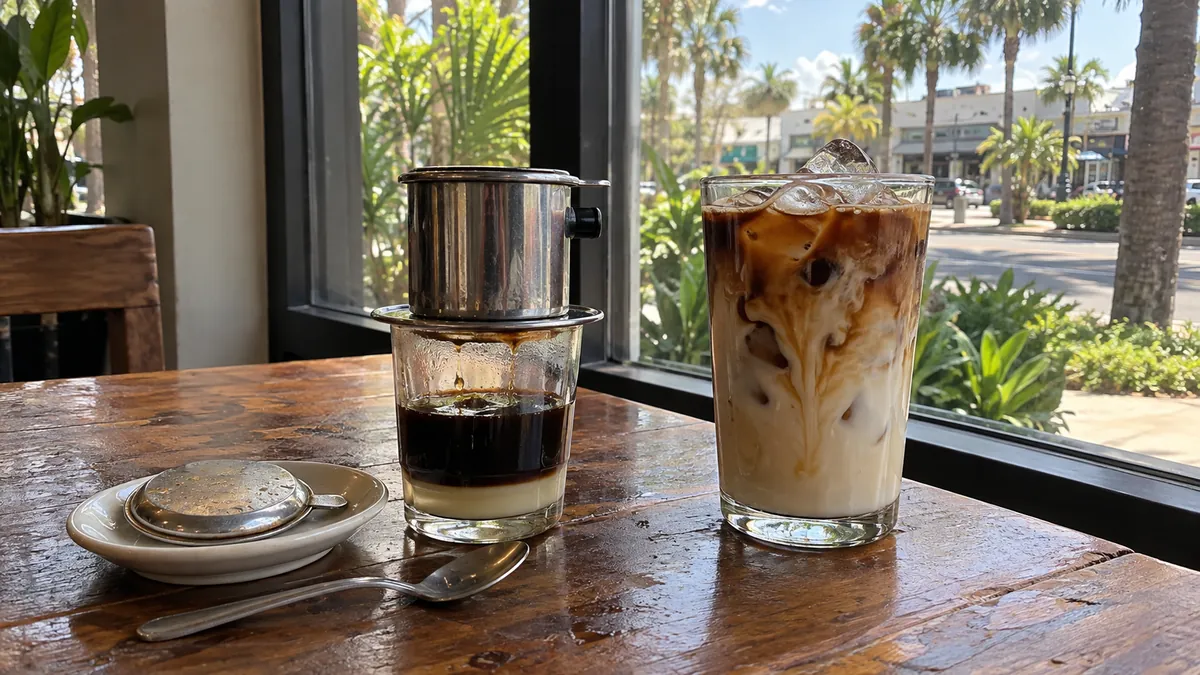 フロリダのカフェでフィン抽出の練乳コーヒーとミルクにエスプレッソを重ねた飲み物を比べるイメージ。Say Coffee Houseの店舗や実商品を撮影した写真ではありません