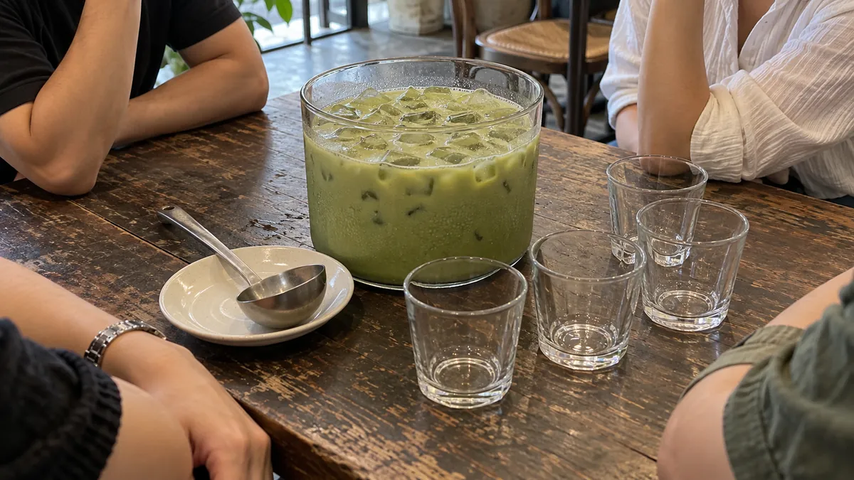 大きな抹茶ラテを4人で分ける量感を示すイメージ。Kocha Matcha Spotの実際の商品や提供方法を撮影した写真ではありません
