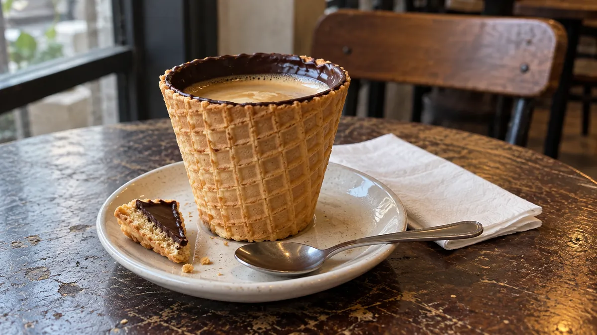 内側を加工したワッフルの器でコーヒーと菓子を楽しむ食べられるカップのイメージ。ハノイの特定店舗の商品や耐久性を示す実写ではありません