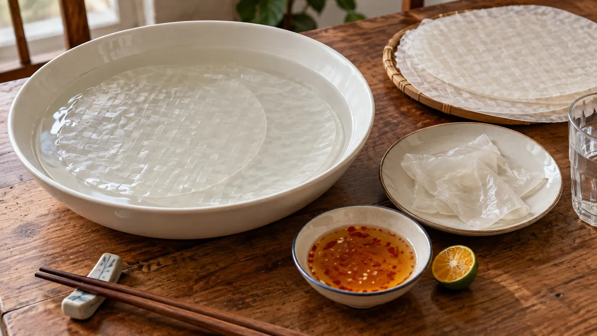 少量のライスペーパーを水で戻し、具を巻かずにたれと食感を楽しむバインチャン・ニュンヌオックのイメージ。特定のSNS投稿や商品の実写ではありません