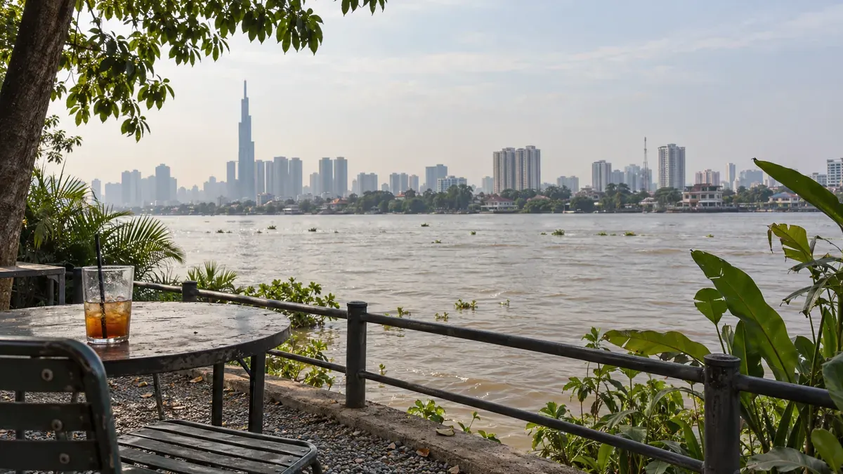 川辺の席から遠くの高層街を眺めて過ごすサイゴン川沿いカフェのイメージ。Tò Vòの実際の席や眺望を撮影した写真ではありません