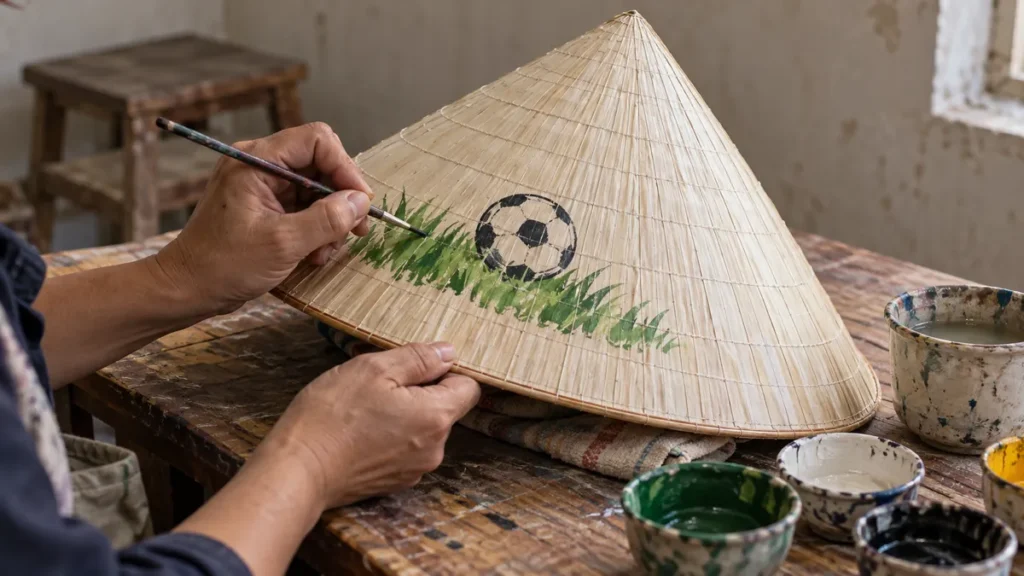 ノンラーにサッカーボールを絵付けし一点物の土産を作るイメージ（実際に贈られた笠ではありません）