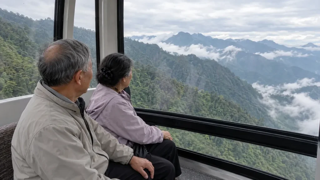 索道の車内で北部山岳の稜線と雲を眺めるシニア旅行者のイメージ