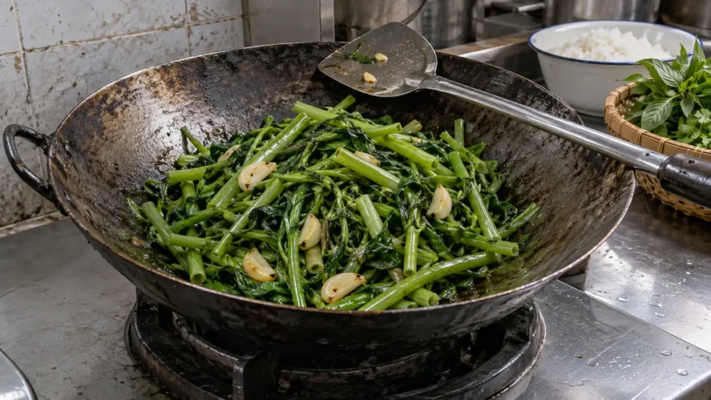 使い込まれた中華鍋で仕上がったニンニク入り空芯菜炒めと日常の食卓のイメージ