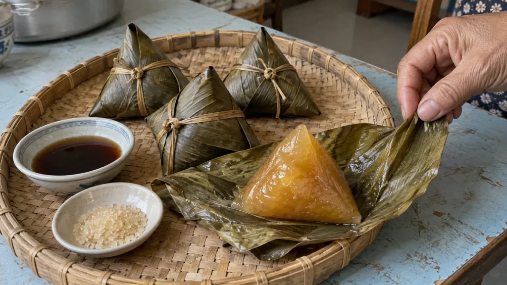 葉を開くと琥珀色の餅が現れるバインウー・チョと糖蜜、ザラメのイメージ