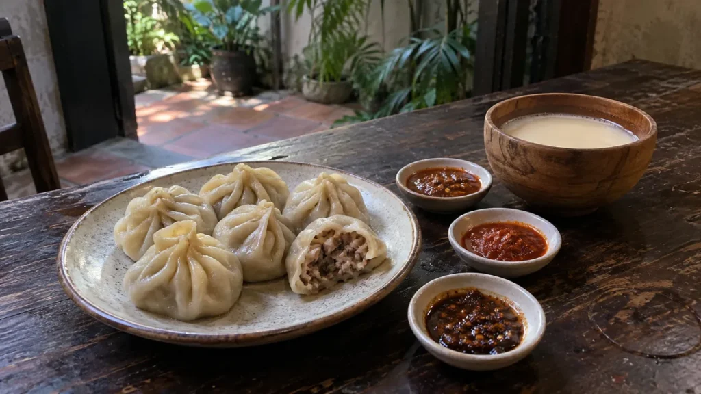 厚めの皮のチベット餃子モモと三種の唐辛子ソース、木の器のバター茶のイメージ