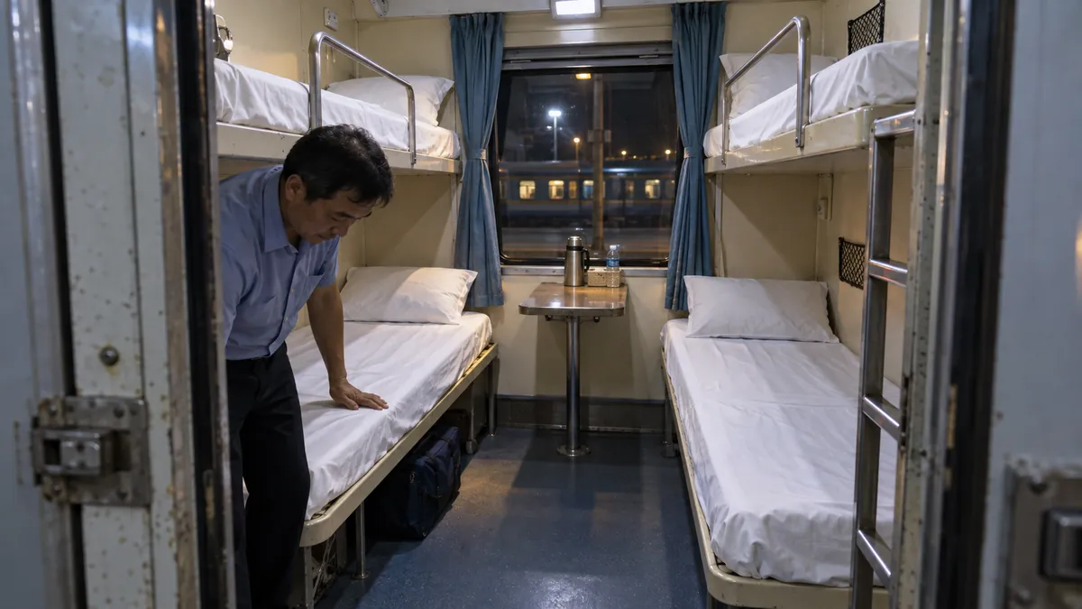 青いカーテンと新しい白い寝具を備えた四人用夜行寝台で乗務員がシーツを整える