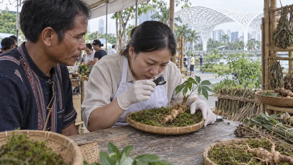 ダナンのAPEC公園でゴックリン人参を鑑定する検査員と生産者