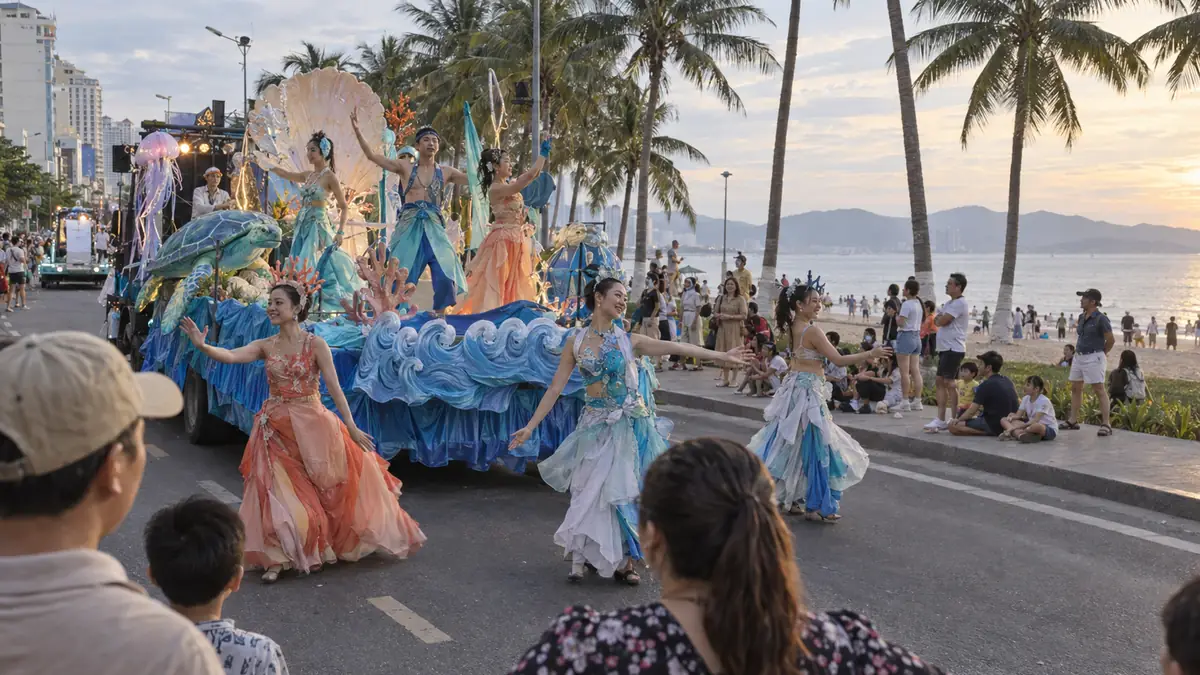ニャチャンの海沿いを進む海の祭典の山車と踊り手たち
