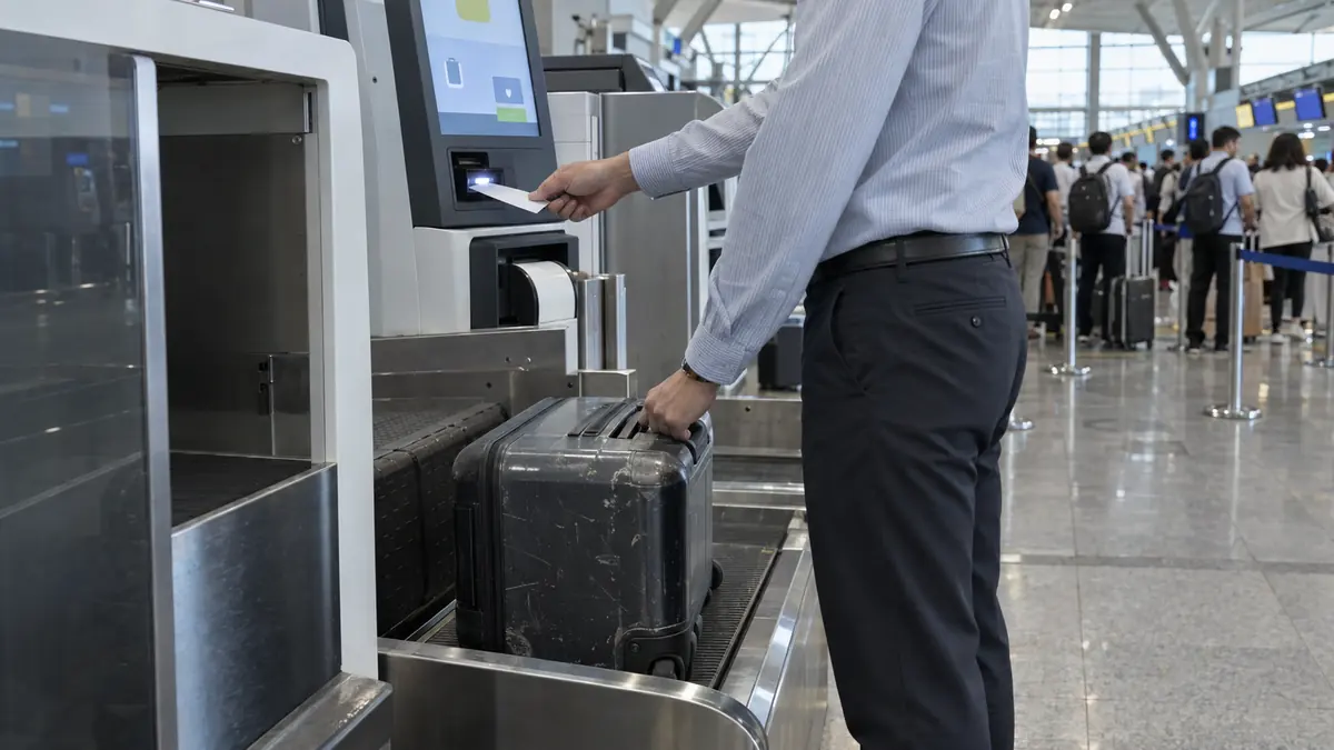ノイバイ空港の自動手荷物預け機で搭乗券を読み取る旅行者