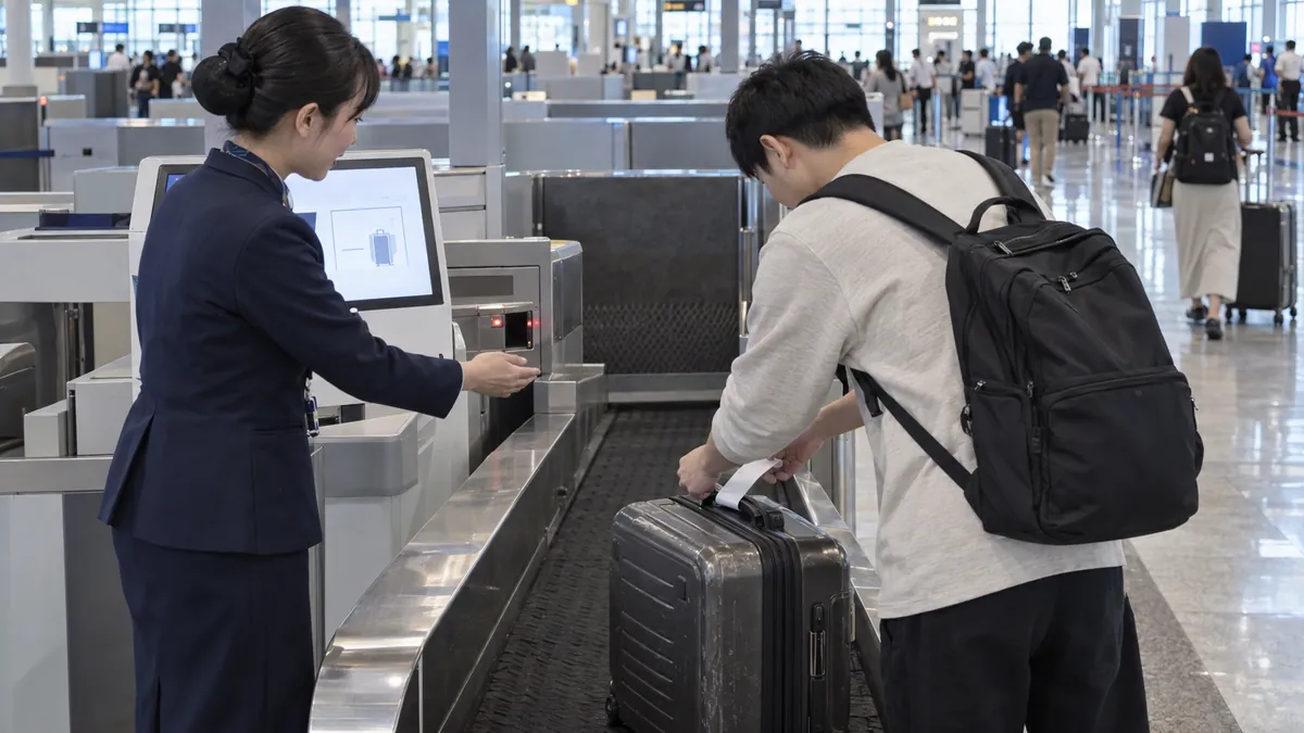 ノイバイ空港T2のセルフバッグドロップでスーツケースに荷物タグを付ける旅行者