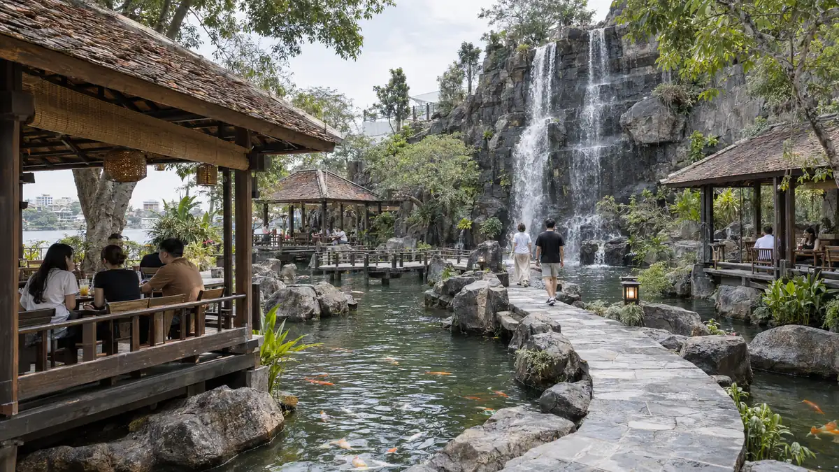 ホーチミン市で再開した天景園の人工滝と池を囲む木造カフェ